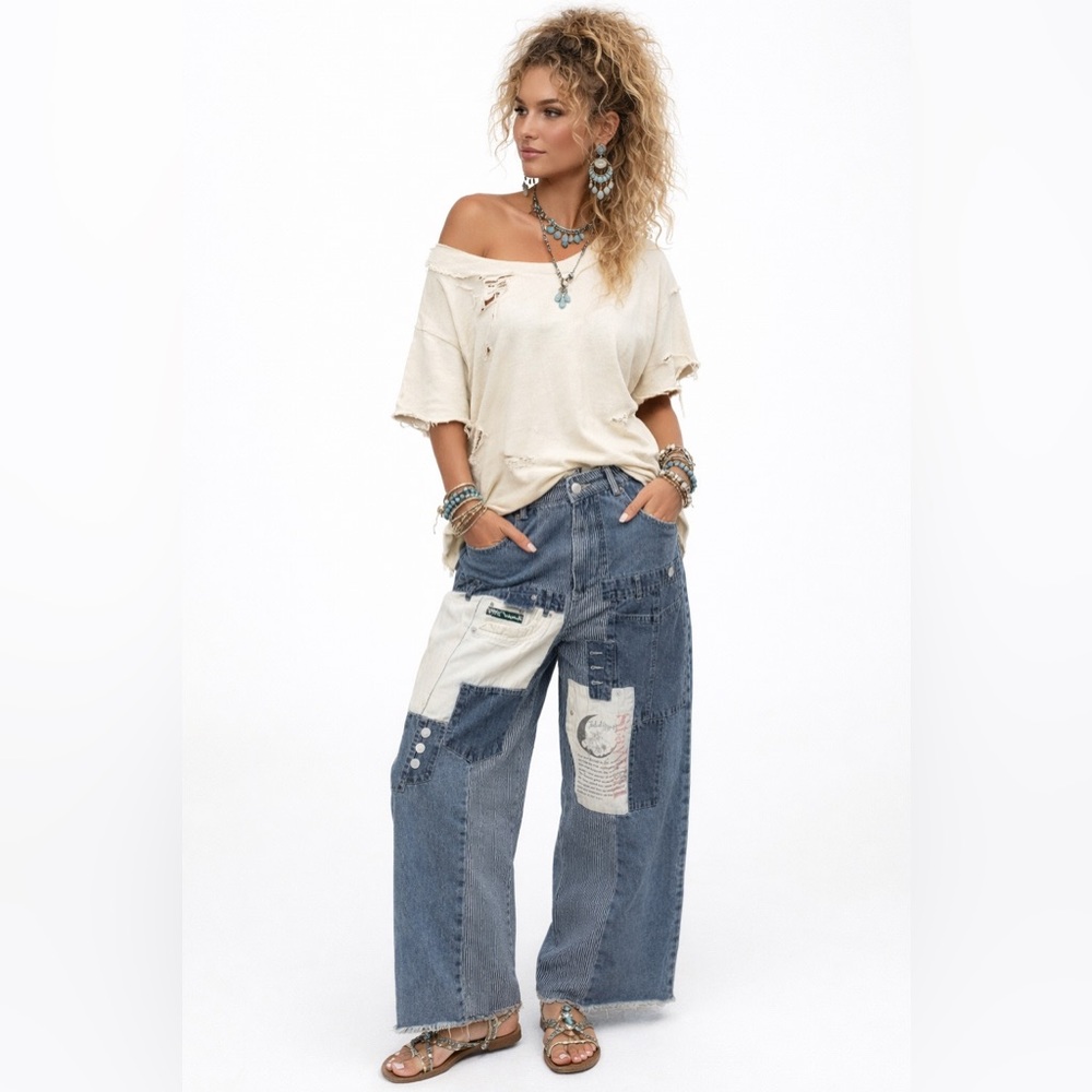 Jaded Gypsy Vintage Patchwork Wide Leg Distressed Jean Sz S/M